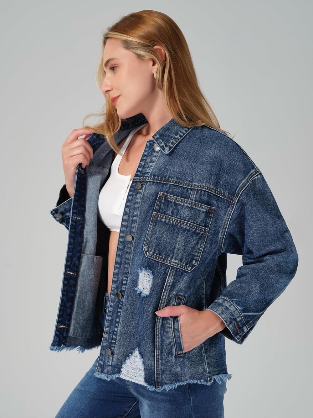 🪗ROSWEAR Denim oversized distressed jean jacket size L NEW